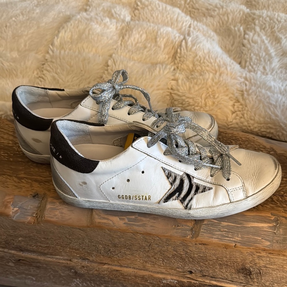 Golden Goose White and Black zebra Sneakers with Silver Laces